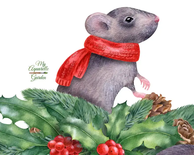 Cute mouse in red scarf, fir branches, pine cones, illex holly twigs, old vintage kerosene lamp. Watercolor hand-painted clipart.