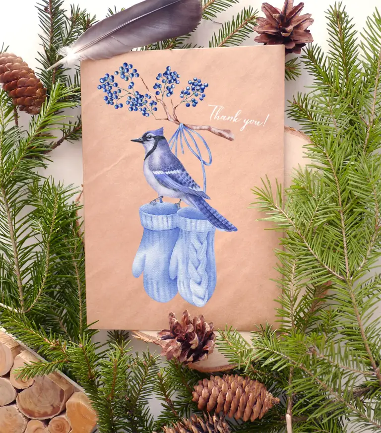 Winter story. Blue jay, knitted wool kids mittens, twigs. Watercolor hand-painted clipart.